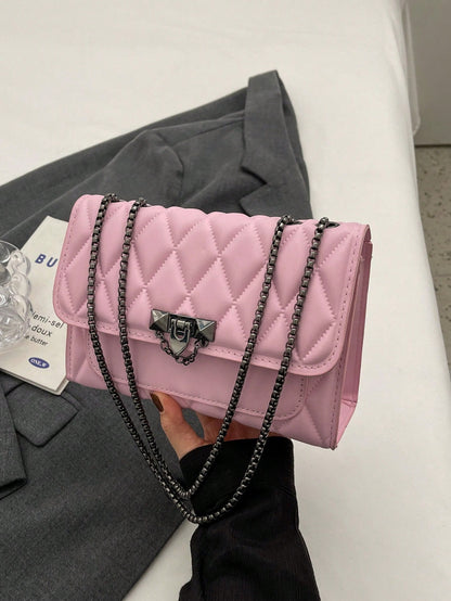 1pc Minimalist Fashion Concave Diamond-Shaped Square Bag, Flap Lock Metal Chain Shoulder Bag, Suitable For Women's Casual Daily Use