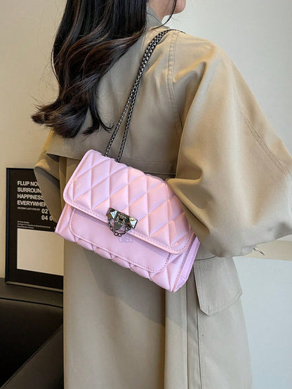 1pc Minimalist Fashion Concave Diamond-Shaped Square Bag, Flap Lock Metal Chain Shoulder Bag, Suitable For Women's Casual Daily Use