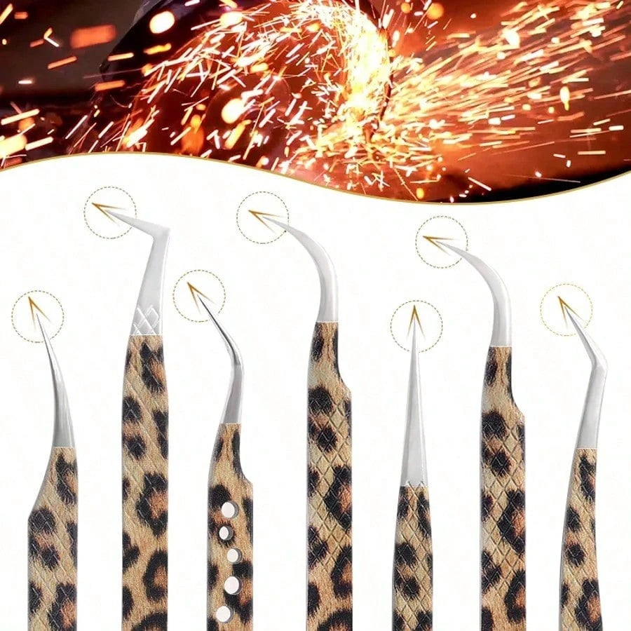 1pc Multi-Port Leopard Print Stainless Steel Eyelash Extension Tweezers, Non-Slip Precise Suitable For Beginners And Professionals, Essential Beauty Tool For Curling And Separating Eyelashes