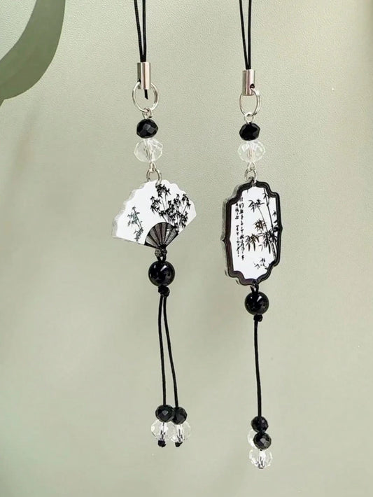 1pc New Chinese Style Ink Wash Bamboo Fan Phone Lanyard, Black Bead Tassel Vintage Style Anti-Lost Wrist Strap, National Style Phone Charm (Due To Shooting Angle And Magnification, The Actual Size Of