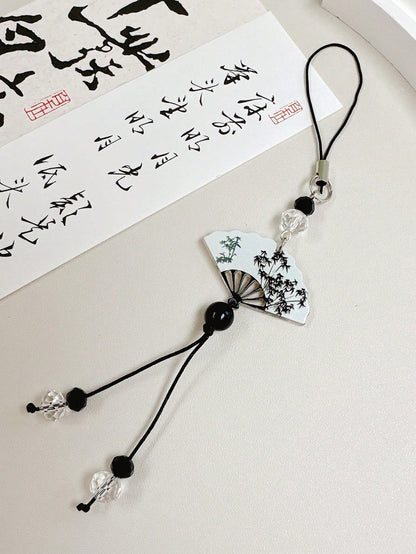 1pc New Chinese Style Ink Wash Bamboo Fan Phone Lanyard, Black Bead Tassel Vintage Style Anti-Lost Wrist Strap, National Style Phone Charm (Due To Shooting Angle And Magnification, The Actual Size Of
