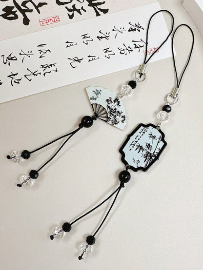 1pc New Chinese Style Ink Wash Bamboo Fan Phone Lanyard, Black Bead Tassel Vintage Style Anti-Lost Wrist Strap, National Style Phone Charm (Due To Shooting Angle And Magnification, The Actual Size Of