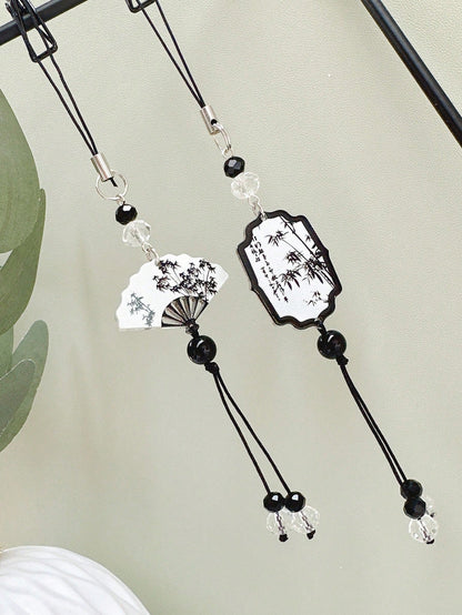 1pc New Chinese Style Ink Wash Bamboo Fan Phone Lanyard, Black Bead Tassel Vintage Style Anti-Lost Wrist Strap, National Style Phone Charm (Due To Shooting Angle And Magnification, The Actual Size Of