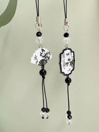 1pc New Chinese Style Ink Wash Bamboo Fan Phone Lanyard, Black Bead Tassel Vintage Style Anti-Lost Wrist Strap, National Style Phone Charm (Due To Shooting Angle And Magnification, The Actual Size Of