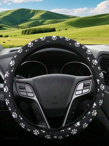 1pc New Cute Puppy Paw Print Car Steering Wheel Cover, Elastic Stretch Comfortable Non-Slip Protective Cover, Universal For All Seasons