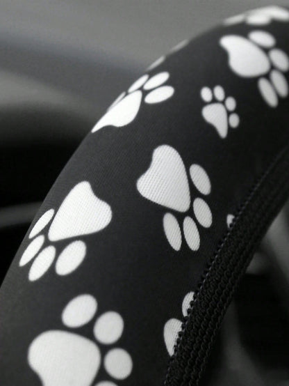 1pc New Cute Puppy Paw Print Car Steering Wheel Cover, Elastic Stretch Comfortable Non-Slip Protective Cover, Universal For All Seasons