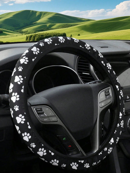 1pc New Cute Puppy Paw Print Car Steering Wheel Cover, Elastic Stretch Comfortable Non-Slip Protective Cover, Universal For All Seasons