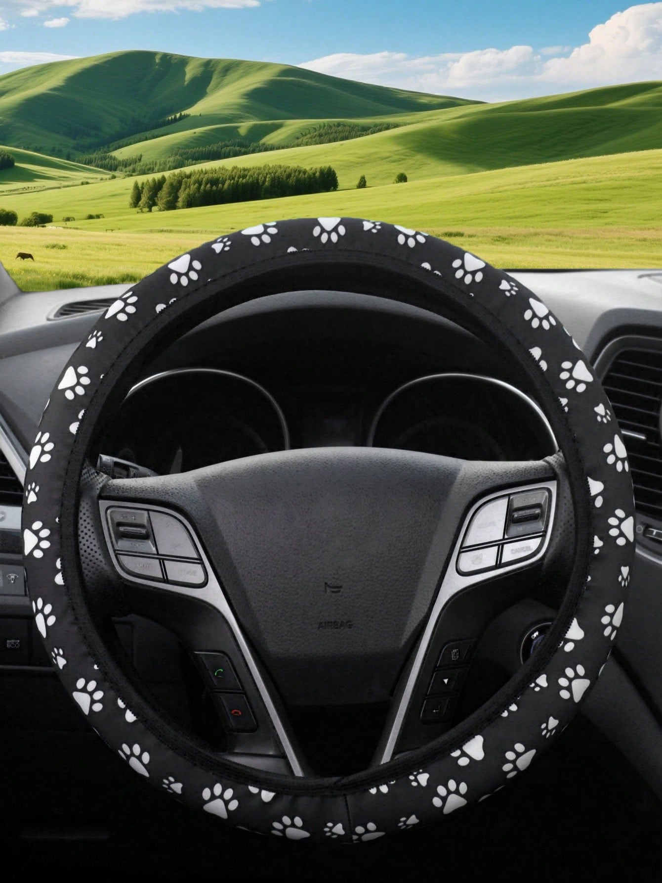 1pc New Cute Puppy Paw Print Car Steering Wheel Cover, Elastic Stretch Comfortable Non-Slip Protective Cover, Universal For All Seasons