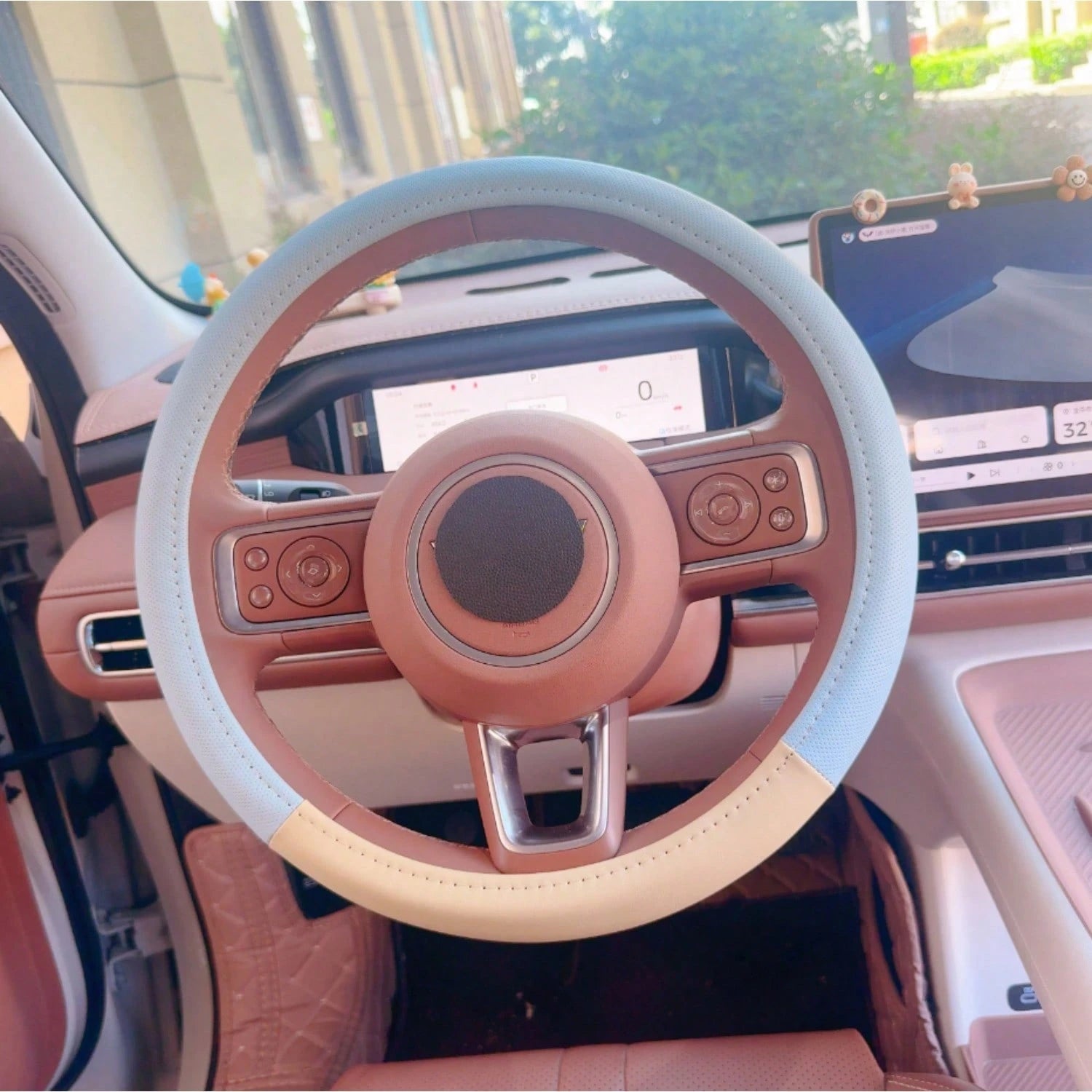 1pc New Cute Style Car Steering Wheel Cover Interior Pearl Decor Non-Slip Anti-Freeze Steering Wheel Cover With Inner Ring