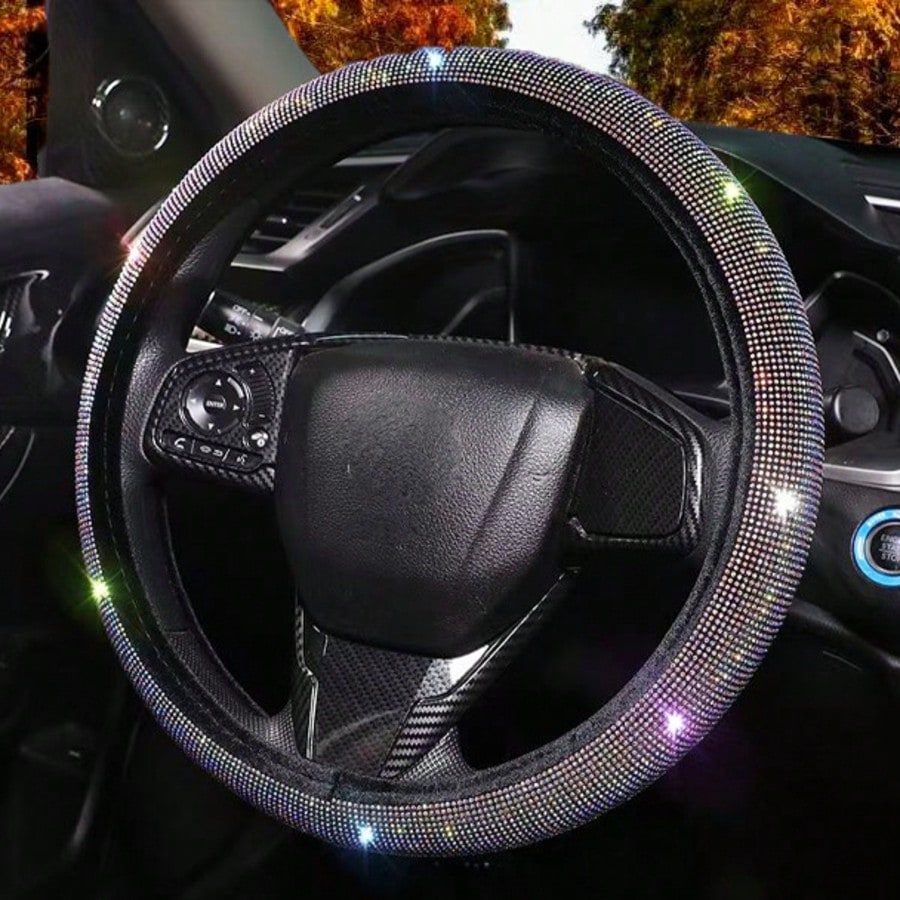 1pc New Full Rhinestone Car Steering Wheel Cover, All-Season Universal Non-Slip Rhinestone-Studded Grip, Universal Car Interior Accessory