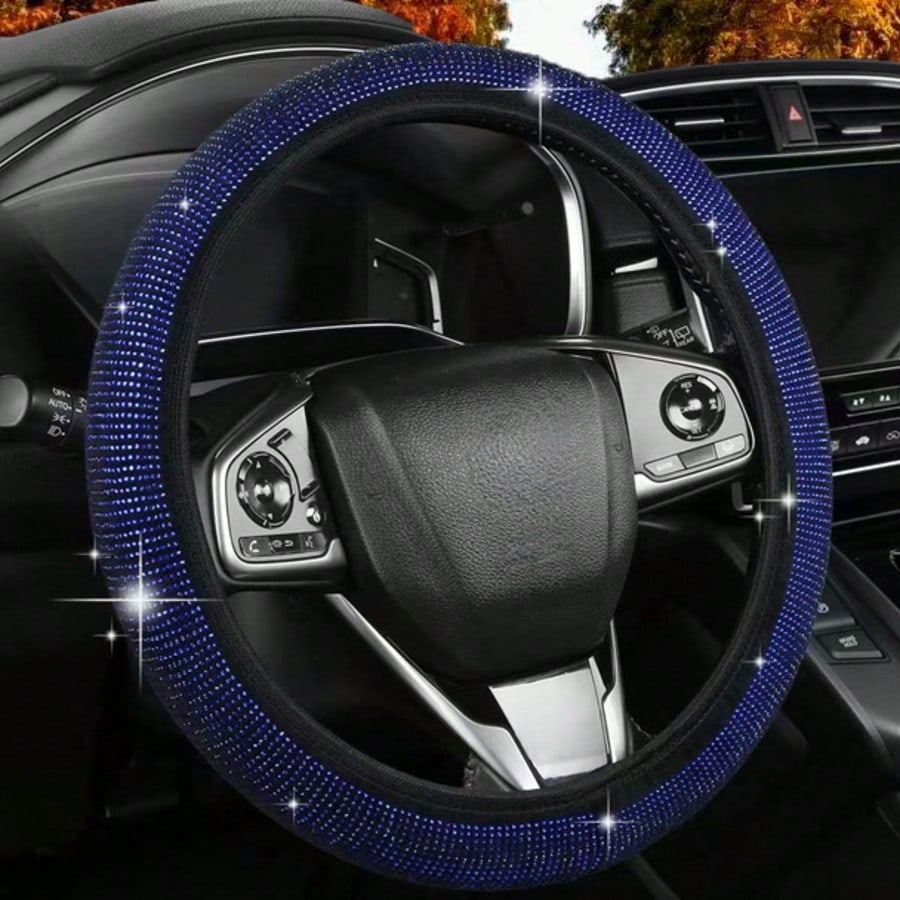 1pc New Full Rhinestone Car Steering Wheel Cover, All-Season Universal Non-Slip Rhinestone-Studded Grip, Universal Car Interior Accessory