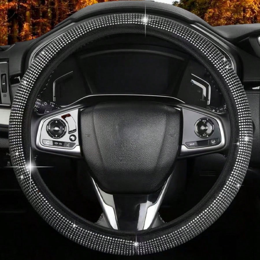 1pc New Full Rhinestone Car Steering Wheel Cover, All-Season Universal Non-Slip Rhinestone-Studded Grip, Universal Car Interior Accessory