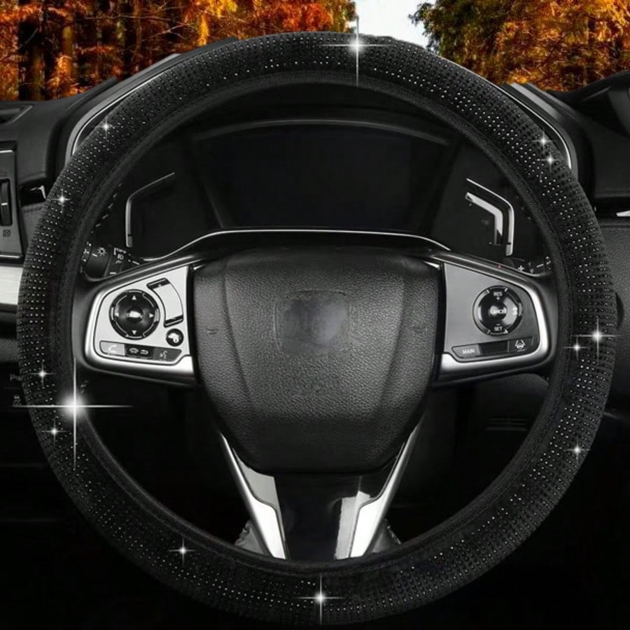 1pc New Full Rhinestone Car Steering Wheel Cover, All-Season Universal Non-Slip Rhinestone-Studded Grip, Universal Car Interior Accessory
