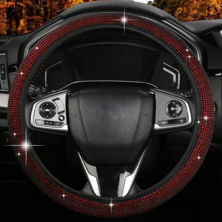 1pc New Full Rhinestone Car Steering Wheel Cover, All-Season Universal Non-Slip Rhinestone-Studded Grip, Universal Car Interior Accessory