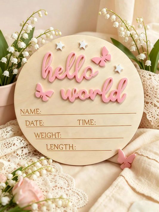 1pc Newborn Photography Props "HELLO WORLD" Baby Birth Announcement Sign, Wooden Baby Name Announcement Plaque, Baby Shower Easter Gifts, Girls/Boys