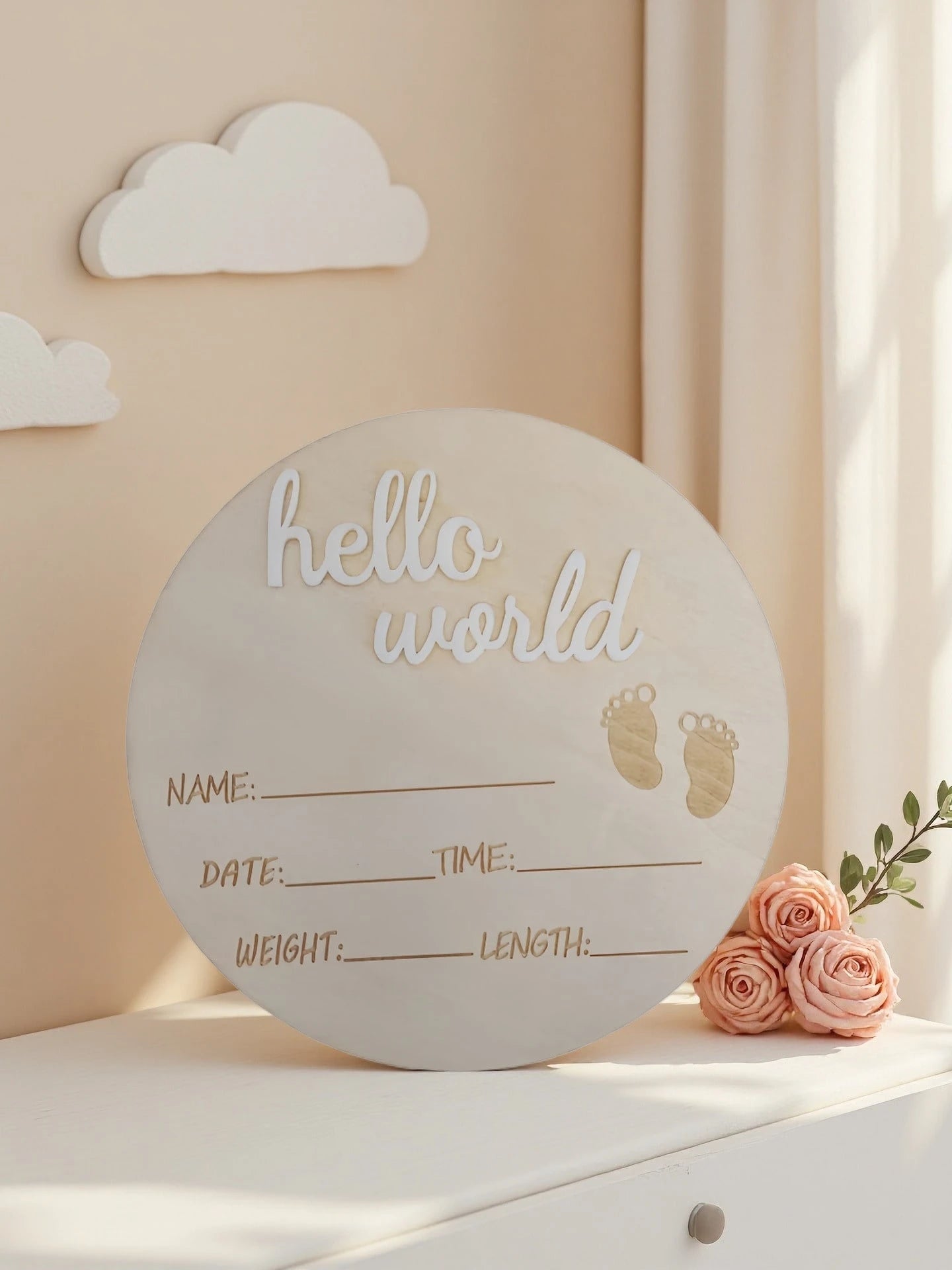 1pc Newborn Photography Props "HELLO WORLD" Baby Birth Announcement Sign, Wooden Baby Name Announcement Plaque, Baby Shower Easter Gifts, Girls/Boys