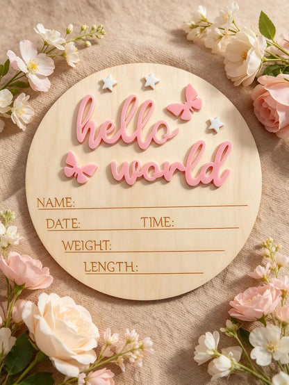1pc Newborn Photography Props "HELLO WORLD" Baby Birth Announcement Sign, Wooden Baby Name Announcement Plaque, Baby Shower Easter Gifts, Girls/Boys