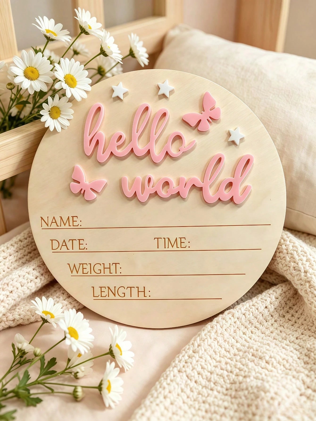 1pc Newborn Photography Props "HELLO WORLD" Baby Birth Announcement Sign, Wooden Baby Name Announcement Plaque, Baby Shower Easter Gifts, Girls/Boys
