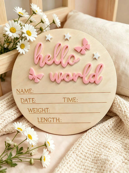 1pc Newborn Photography Props "HELLO WORLD" Baby Birth Announcement Sign, Wooden Baby Name Announcement Plaque, Baby Shower Easter Gifts, Girls/Boys