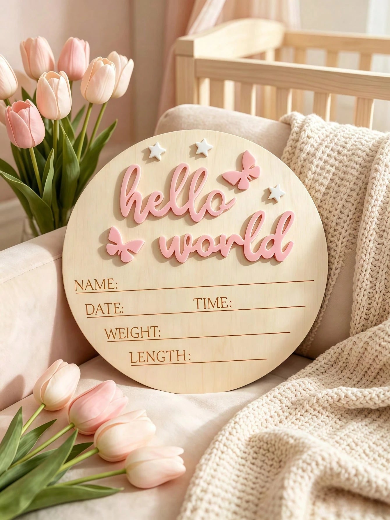 1pc Newborn Photography Props "HELLO WORLD" Baby Birth Announcement Sign, Wooden Baby Name Announcement Plaque, Baby Shower Easter Gifts, Girls/Boys