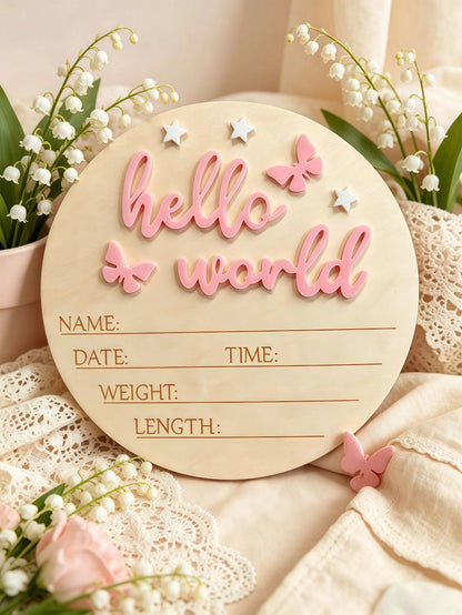 1pc Newborn Photography Props "HELLO WORLD" Baby Birth Announcement Sign, Wooden Baby Name Announcement Plaque, Baby Shower Easter Gifts, Girls/Boys