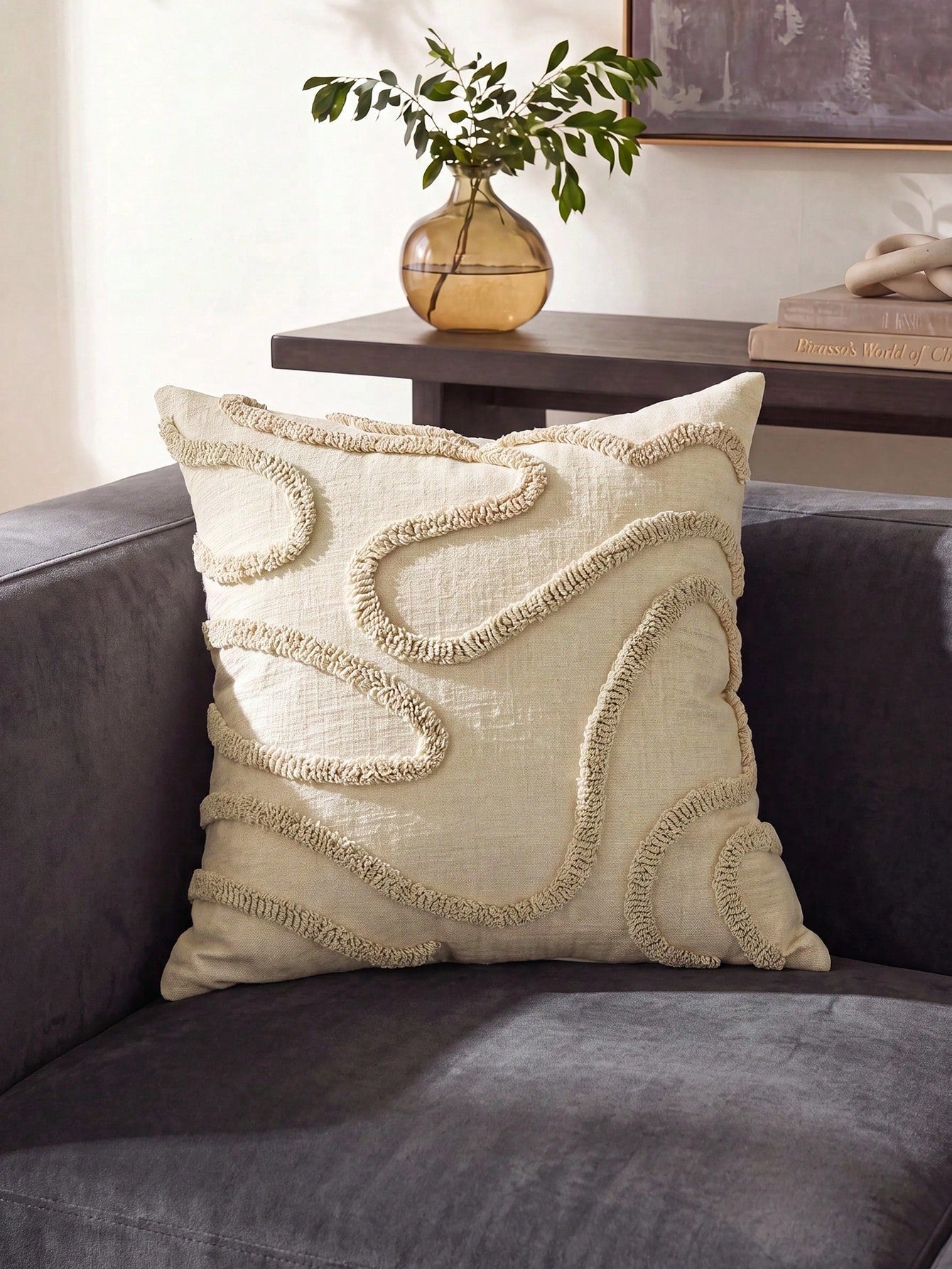 1pc Nordic Ins Style Embroidered Throw Pillow, Sofa Bed Head Pillow Lumbar Pillow, With Tufted Tassels, Suitable For Bay Window, Floor Cushion, Etc., Size 45*45cm, Autumn Decoration, Room Decor