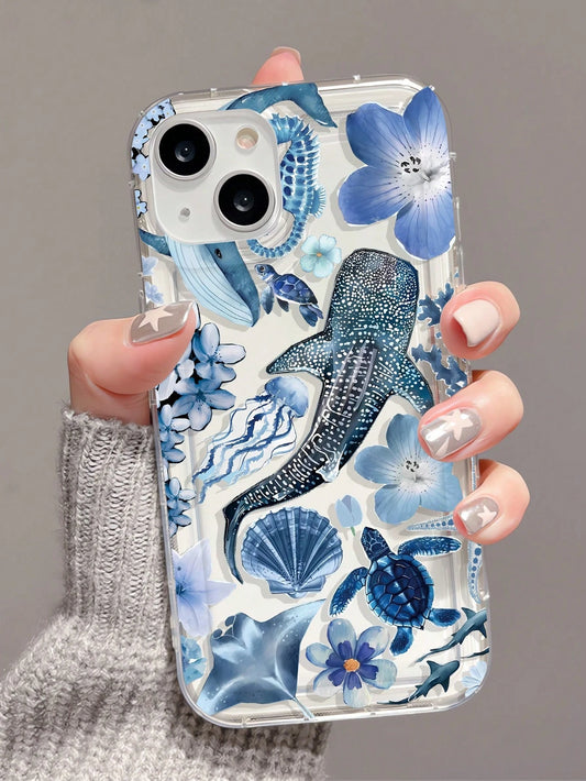 1pc Ocean Elements TPU Fashionable Personalized Whale, Starfish, Jellyfish, Coral Collage Pattern Transparent Cushion Shock-Absorbing Phone Case Compatible With IPhone 16/16Pro/16Plus/15/15ProMax/15Pr