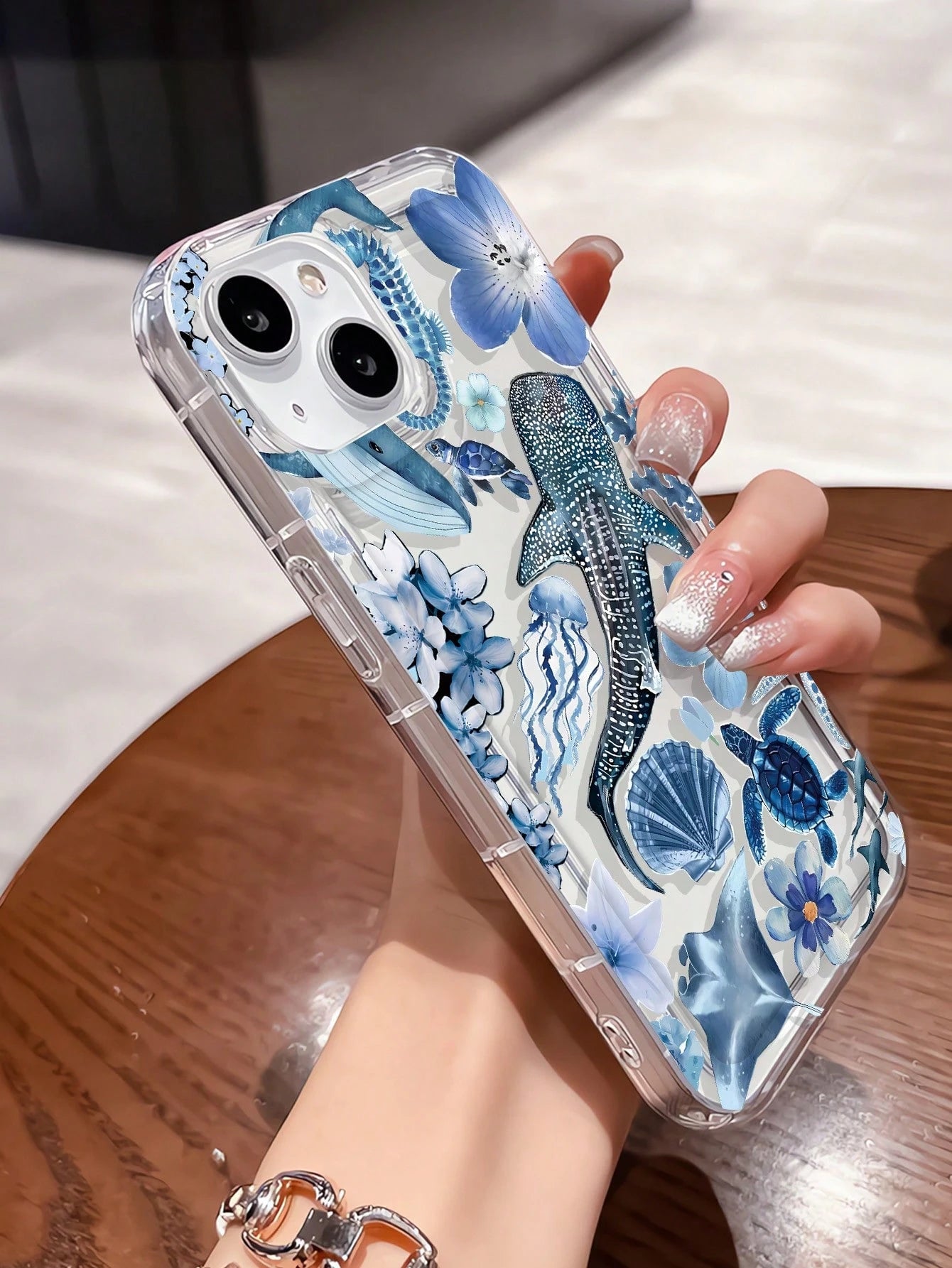 1pc Ocean Elements TPU Fashionable Personalized Whale, Starfish, Jellyfish, Coral Collage Pattern Transparent Cushion Shock-Absorbing Phone Case Compatible With IPhone 16/16Pro/16Plus/15/15ProMax/15Pr