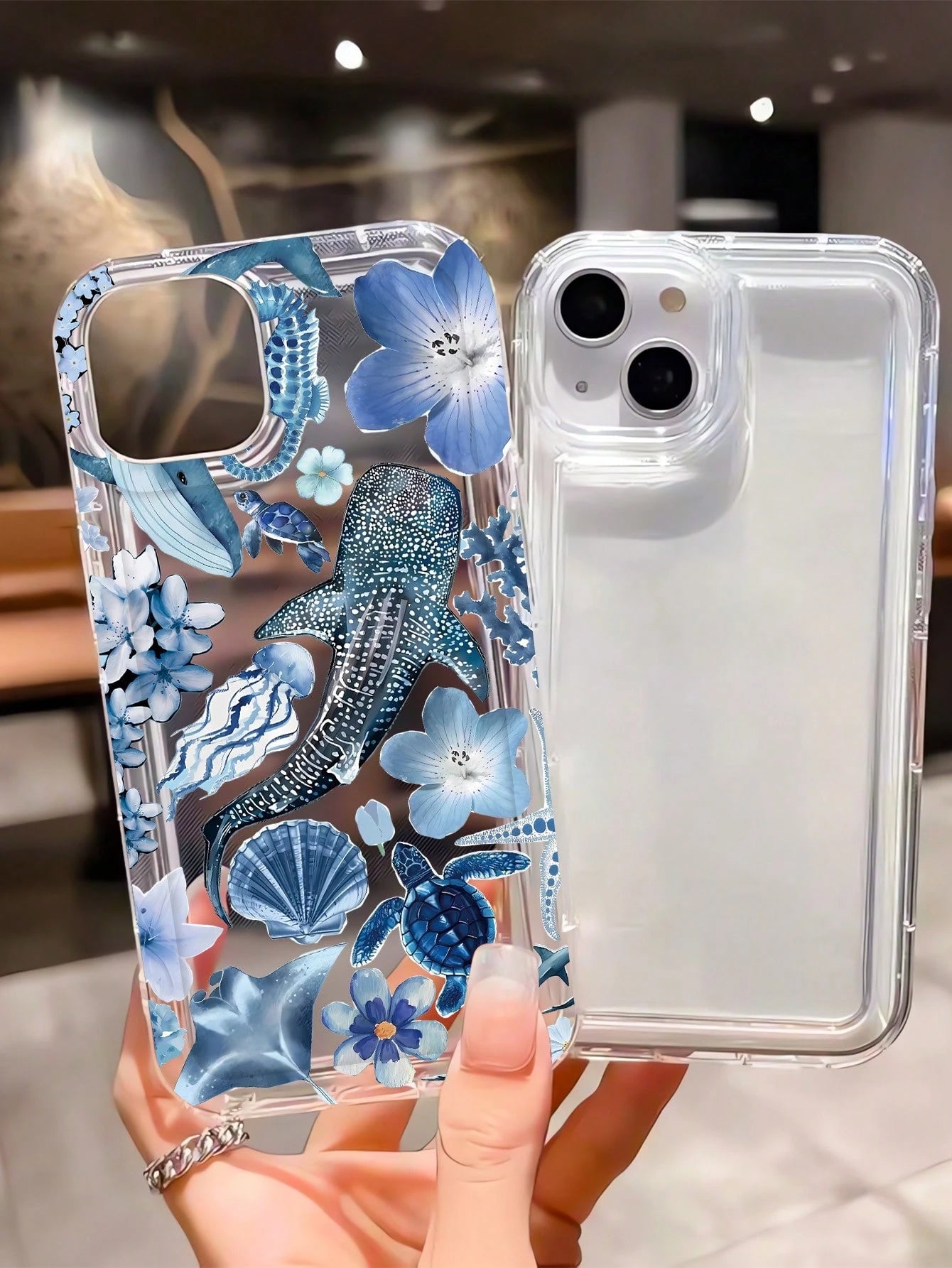1pc Ocean Elements TPU Fashionable Personalized Whale, Starfish, Jellyfish, Coral Collage Pattern Transparent Cushion Shock-Absorbing Phone Case Compatible With IPhone 16/16Pro/16Plus/15/15ProMax/15Pr