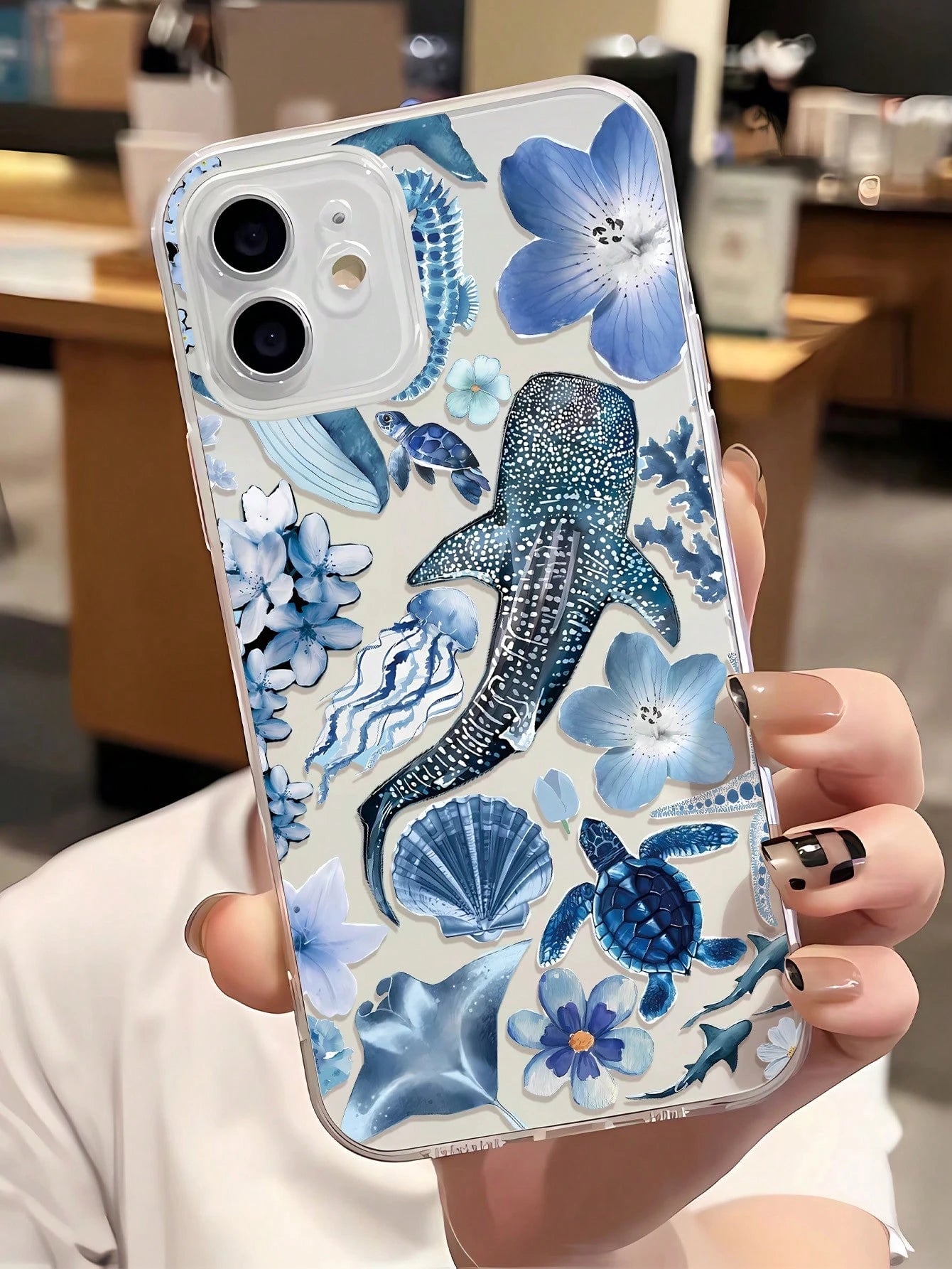 1pc Ocean Elements TPU Fashionable Personalized Whale, Starfish, Jellyfish, Coral Collage Pattern Transparent Cushion Shock-Absorbing Phone Case Compatible With IPhone 16/16Pro/16Plus/15/15ProMax/15Pr