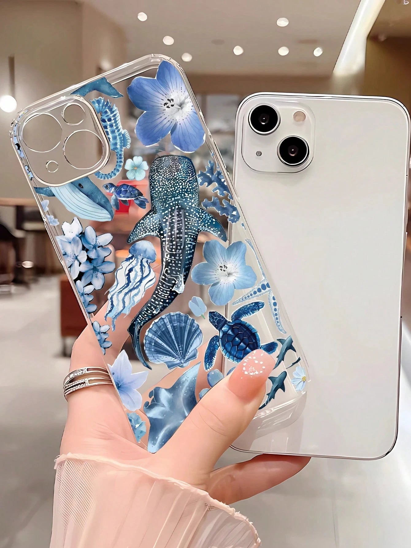 1pc Ocean Elements TPU Fashionable Personalized Whale, Starfish, Jellyfish, Coral Collage Pattern Transparent Cushion Shock-Absorbing Phone Case Compatible With IPhone 16/16Pro/16Plus/15/15ProMax/15Pr