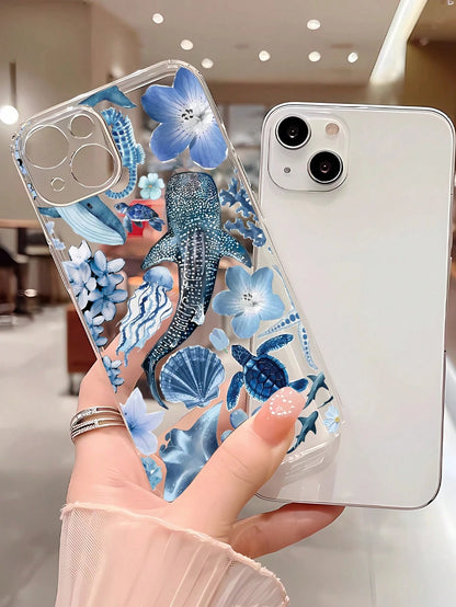 1pc Ocean Elements TPU Fashionable Personalized Whale, Starfish, Jellyfish, Coral Collage Pattern Transparent Cushion Shock-Absorbing Phone Case Compatible With IPhone 16/16Pro/16Plus/15/15ProMax/15Pr