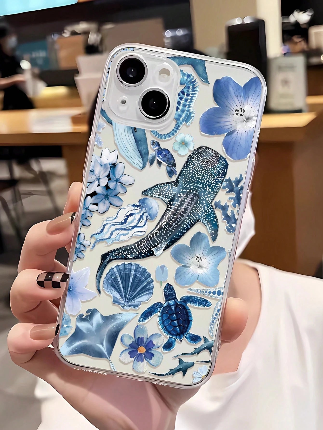 1pc Ocean Elements TPU Fashionable Personalized Whale, Starfish, Jellyfish, Coral Collage Pattern Transparent Cushion Shock-Absorbing Phone Case Compatible With IPhone 16/16Pro/16Plus/15/15ProMax/15Pr