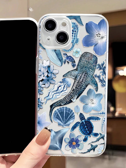 1pc Ocean Elements TPU Fashionable Personalized Whale, Starfish, Jellyfish, Coral Collage Pattern Transparent Cushion Shock-Absorbing Phone Case Compatible With IPhone 16/16Pro/16Plus/15/15ProMax/15Pr