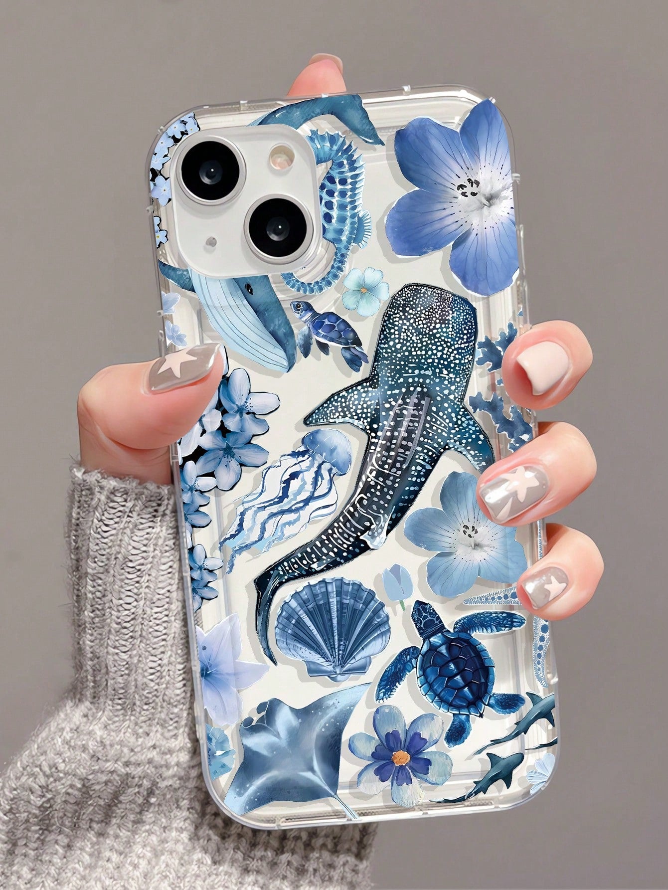 1pc Ocean Elements TPU Fashionable Personalized Whale, Starfish, Jellyfish, Coral Collage Pattern Transparent Cushion Shock-Absorbing Phone Case Compatible With IPhone 16/16Pro/16Plus/15/15ProMax/15Pr