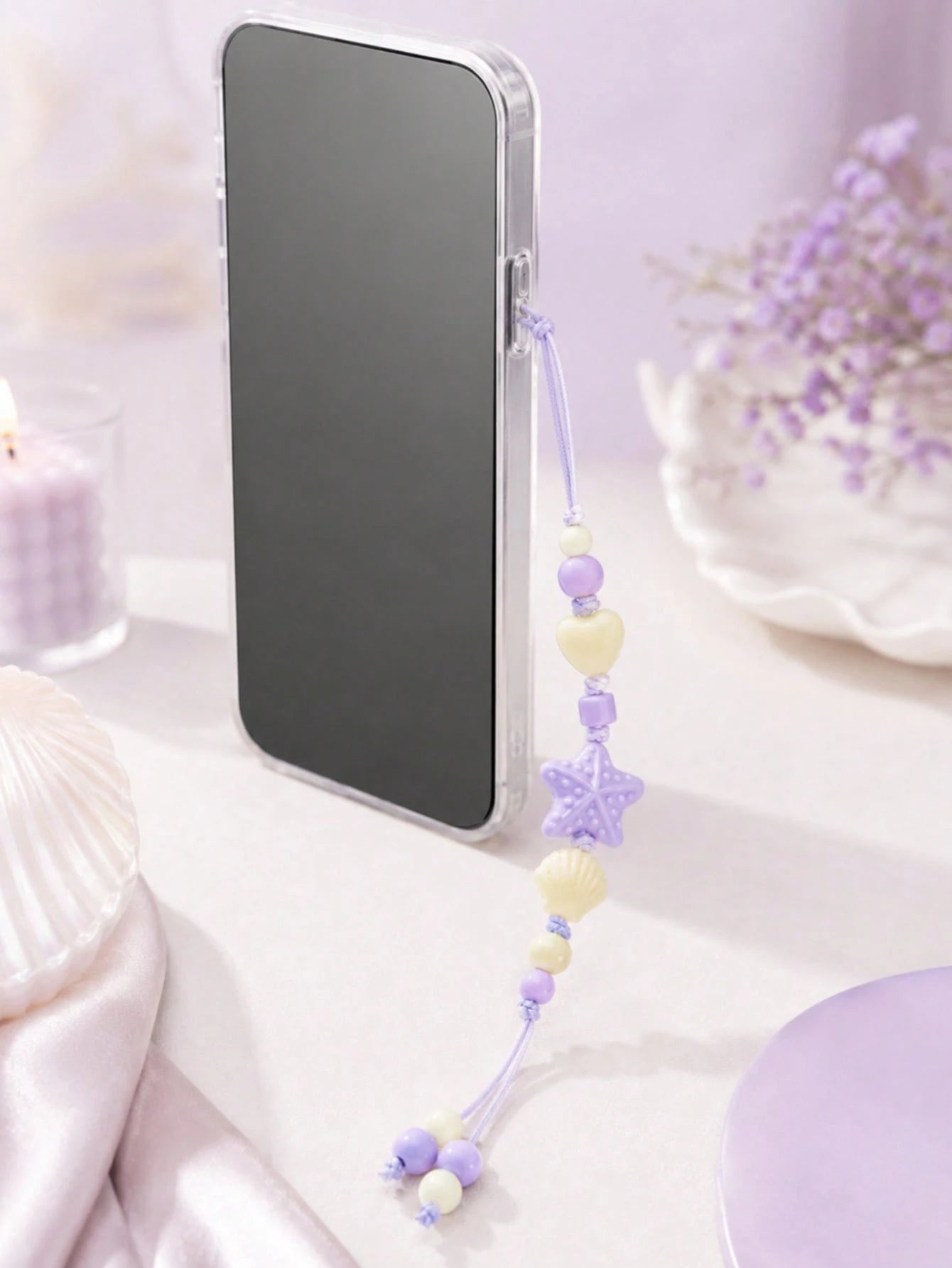 1pc Ocean Style Light Blue Braided Phone Charm Handmade Ceramic Starfish Shell Heart Bead Adjustable String Cell Phone Lanyard Decor For Phone Case Earbud Case Backpack Summer Beach Accessory Holiday