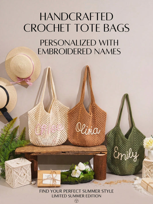 1pc Personalized Handmade Crochet Beach Bag, Crochet Knitted Beach Bag, Bridesmaid Gift Bag, Travel Beach Bag, Wedding Favor, Bridal Party Gift, Boho Chic