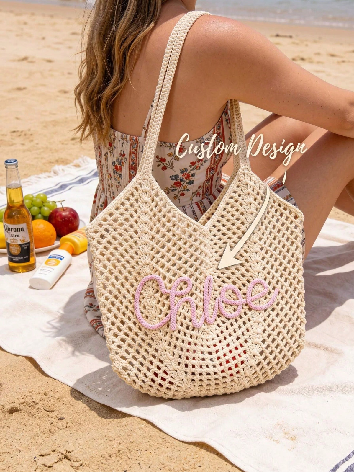 1pc Personalized Handmade Crochet Beach Bag, Crochet Knitted Beach Bag, Bridesmaid Gift Bag, Travel Beach Bag, Wedding Favor, Bridal Party Gift, Boho Chic