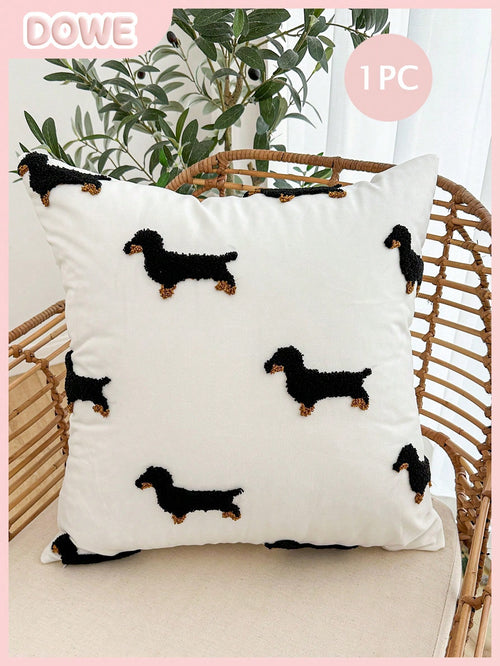 1pc Pillow Case, Dachshund Embroidery Design, 100% Polyester, Zipper Closure, No Filling, Suitable For Living Room, Bedroom And Dining Room Decor