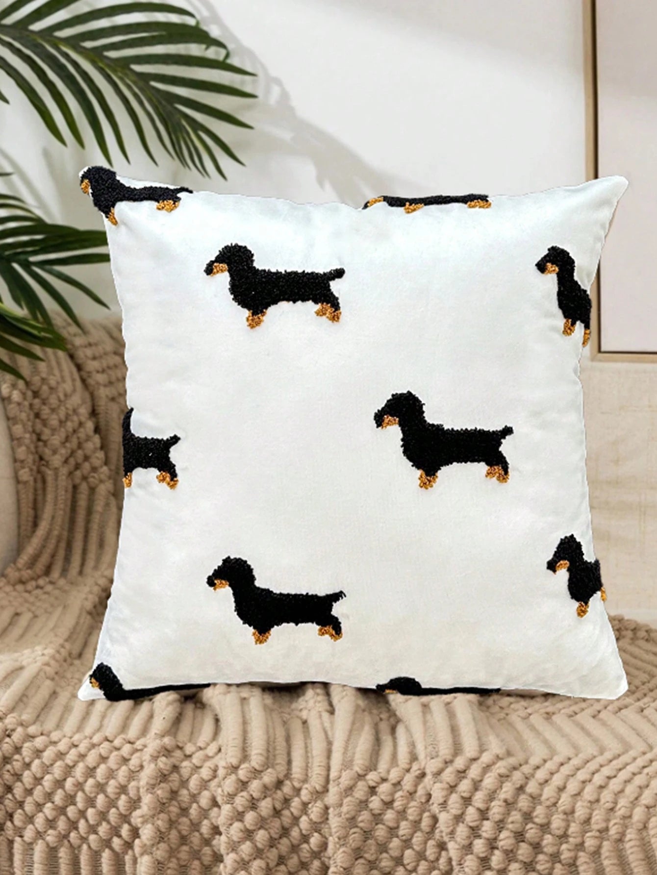 1pc Pillow Case, Dachshund Embroidery Design, 100% Polyester, Zipper Closure, No Filling, Suitable For Living Room, Bedroom And Dining Room Decor