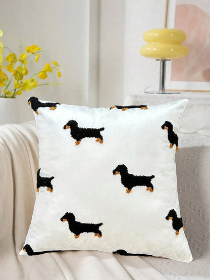 1pc Pillow Case, Dachshund Embroidery Design, 100% Polyester, Zipper Closure, No Filling, Suitable For Living Room, Bedroom And Dining Room Decor