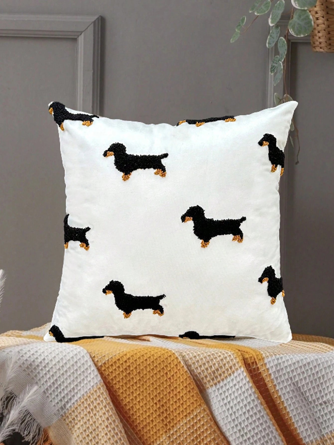 1pc Pillow Case, Dachshund Embroidery Design, 100% Polyester, Zipper Closure, No Filling, Suitable For Living Room, Bedroom And Dining Room Decor