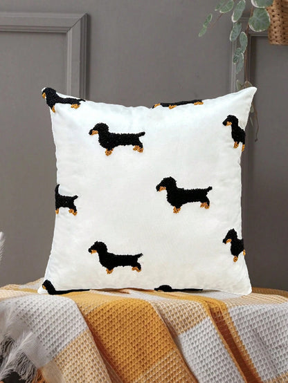 1pc Pillow Case, Dachshund Embroidery Design, 100% Polyester, Zipper Closure, No Filling, Suitable For Living Room, Bedroom And Dining Room Decor