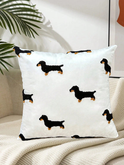 1pc Pillow Case, Dachshund Embroidery Design, 100% Polyester, Zipper Closure, No Filling, Suitable For Living Room, Bedroom And Dining Room Decor