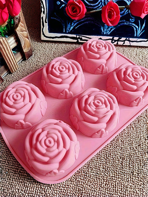 1pc Pink 6-Cavity Rose Flower Shaped Silicone Soap Mold, High Temperature Resistant, Diy Handmade Soap Making Mold,Suitable For Christmas