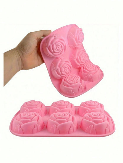 1pc Pink 6-Cavity Rose Flower Shaped Silicone Soap Mold, High Temperature Resistant, Diy Handmade Soap Making Mold,Suitable For Christmas