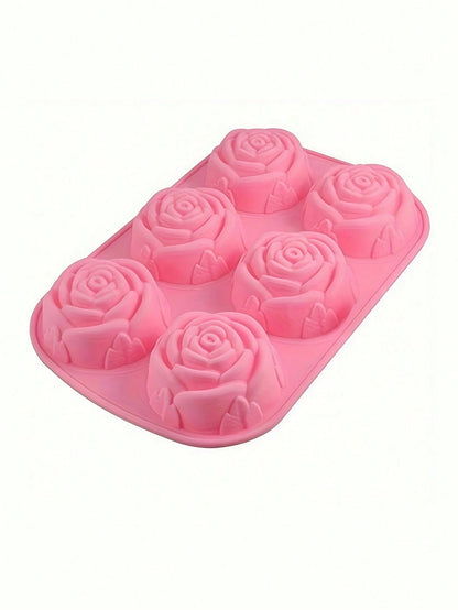 1pc Pink 6-Cavity Rose Flower Shaped Silicone Soap Mold, High Temperature Resistant, Diy Handmade Soap Making Mold,Suitable For Christmas