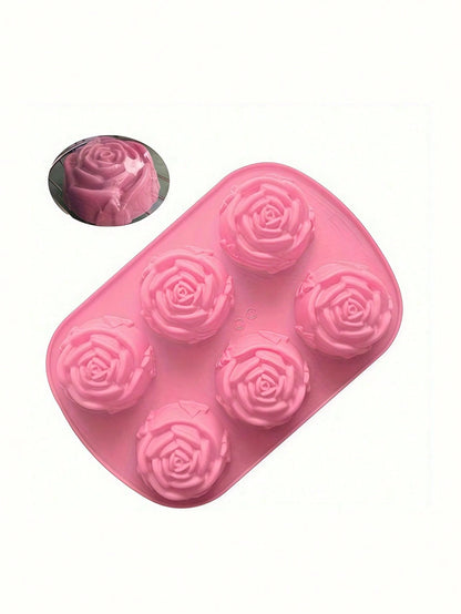 1pc Pink 6-Cavity Rose Flower Shaped Silicone Soap Mold, High Temperature Resistant, Diy Handmade Soap Making Mold,Suitable For Christmas