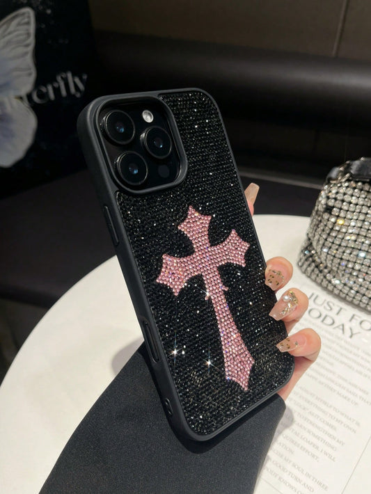 1pc Pink Cross Rhinestone Phone Case, Luxury 2-In-1 Shockproof Protective Cover For IPhone 17 Pro Max/13/14
