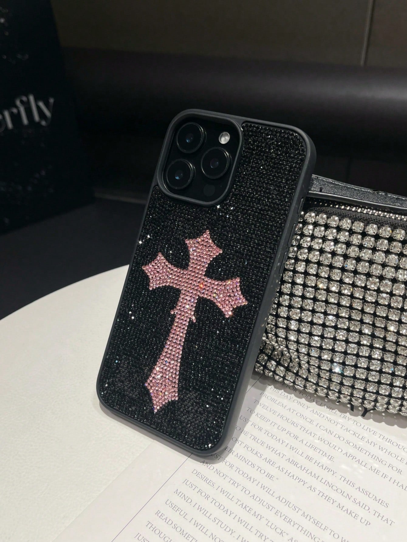 1pc Pink Cross Rhinestone Phone Case, Luxury 2-In-1 Shockproof Protective Cover For IPhone 17 Pro Max/13/14